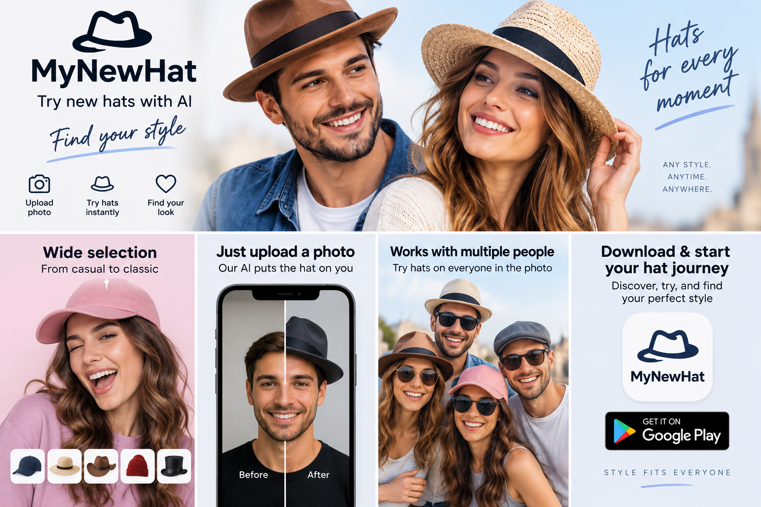 MyNewHat features: hat selection, before and after, multiple people